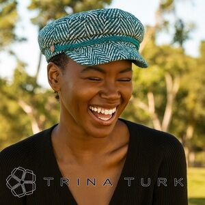 Trina Turk Paige Boy Hat – Green Herringbone | NWT | Satin Lined